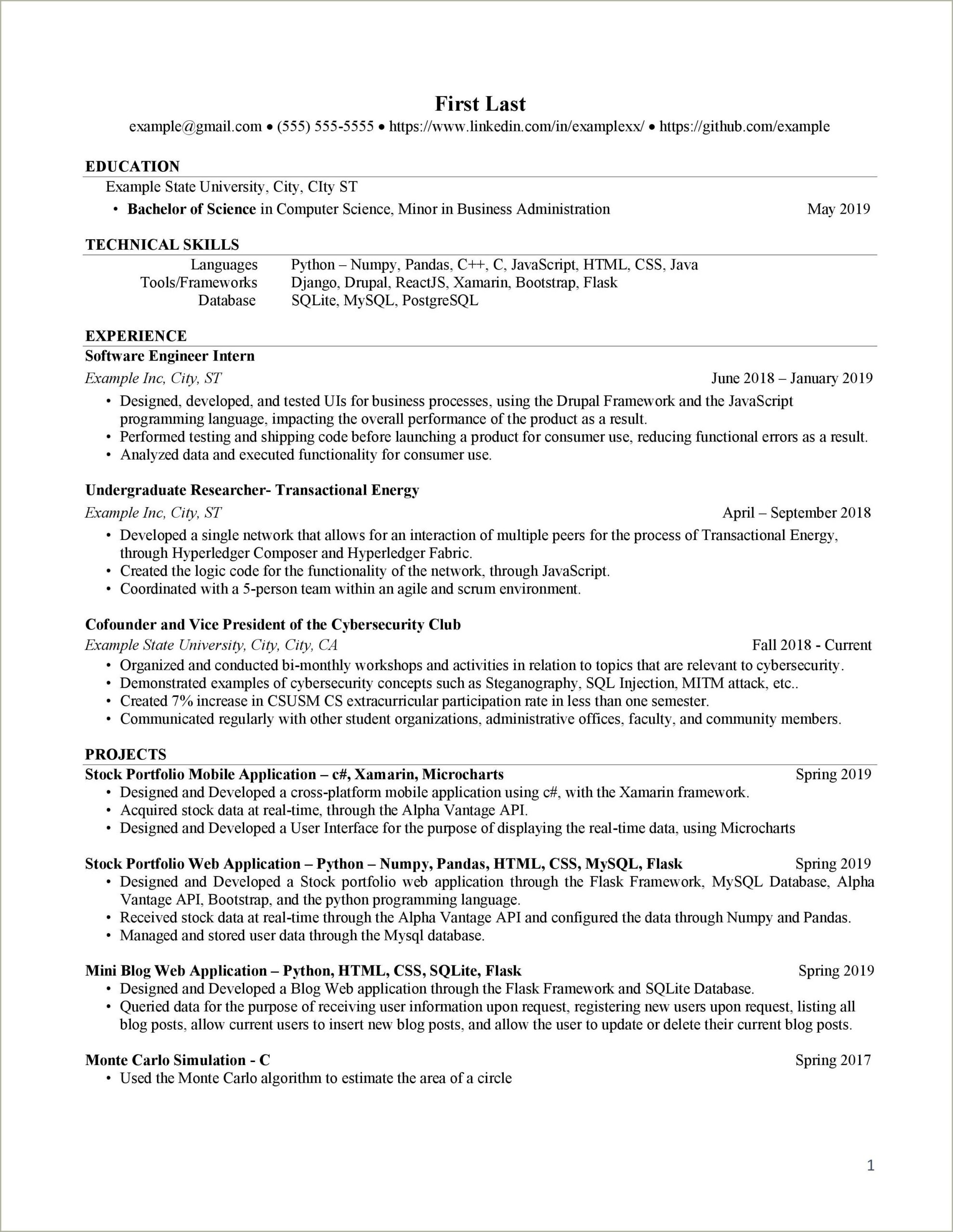 Examples Of Resumes For Engineering No Experience