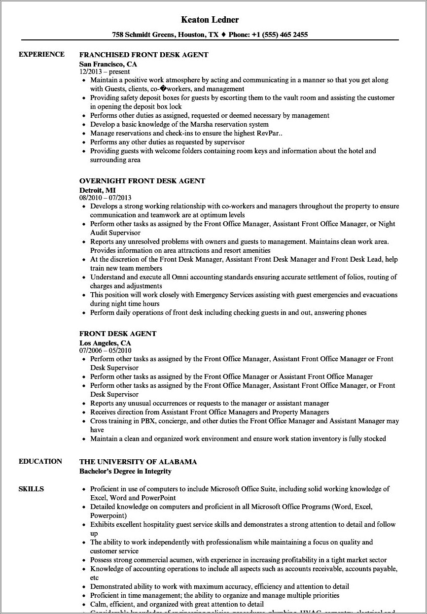 Examples Of Resumes For Front Desk At Hotels