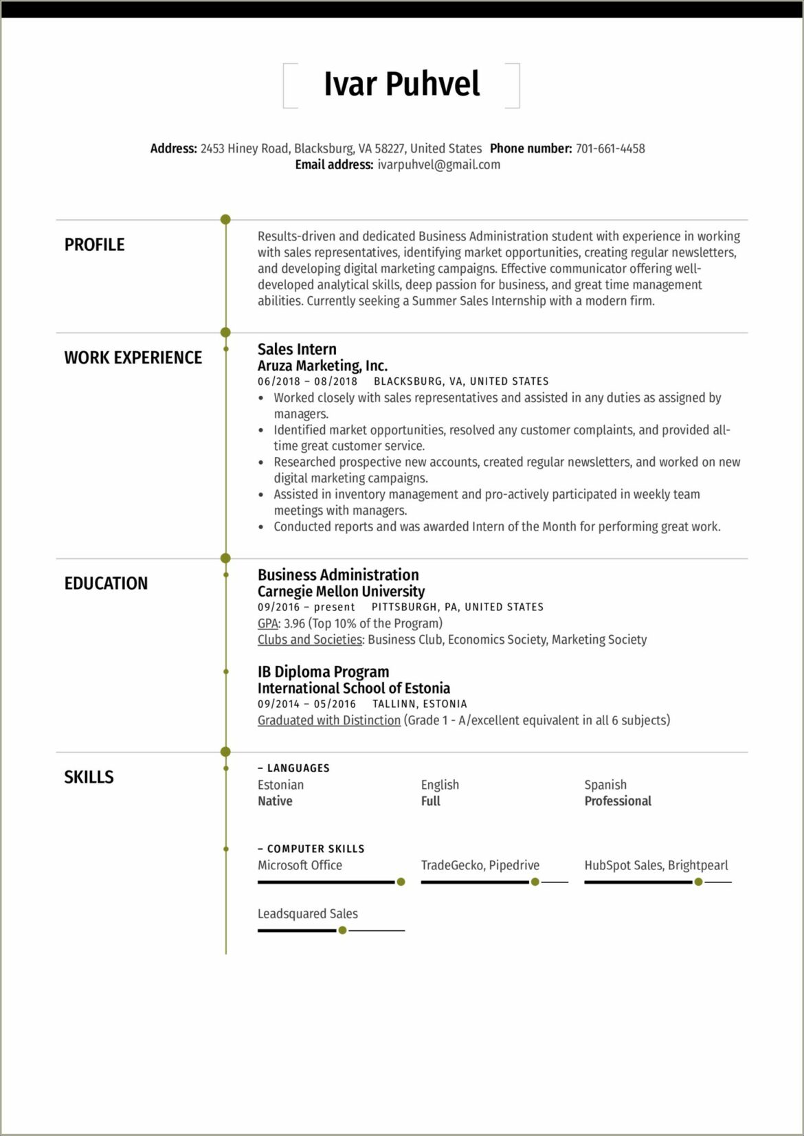 Examples Of Resumes For Marketing Internships