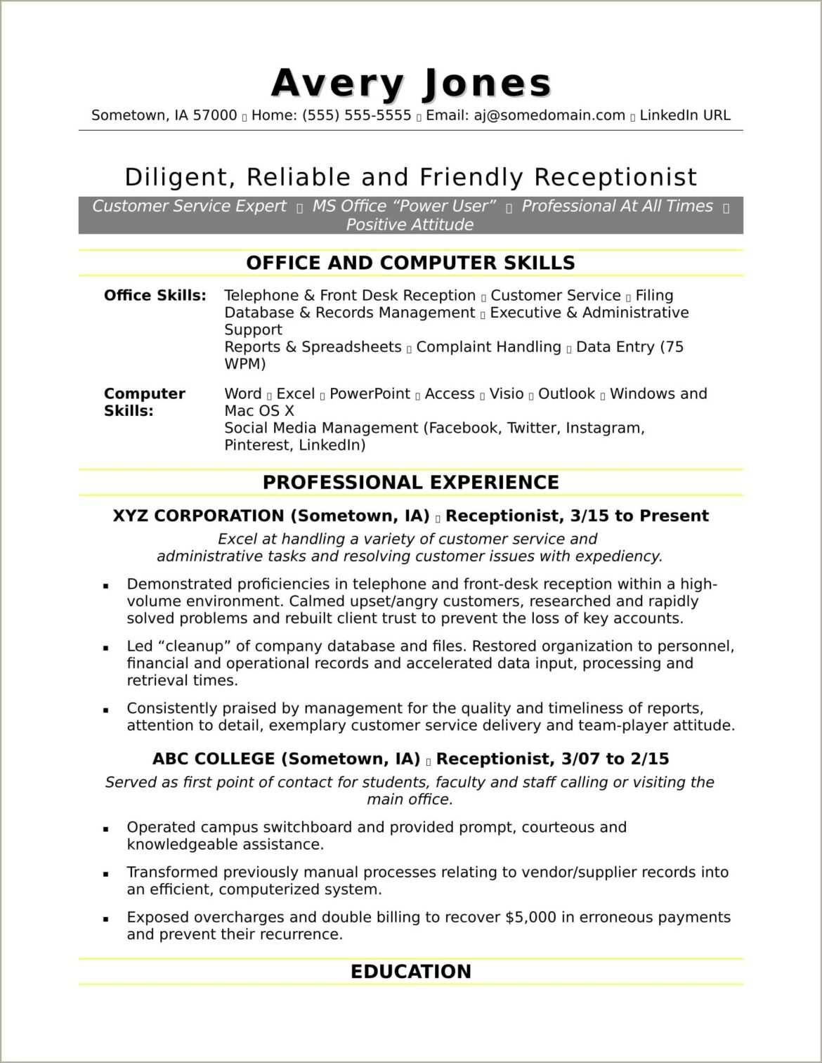 Examples Of Resumes For Receptionist Download