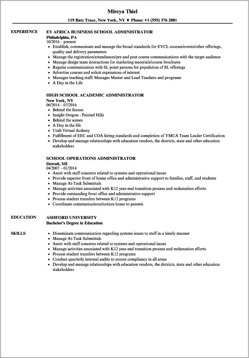 Examples Of Resumes For School Administrators