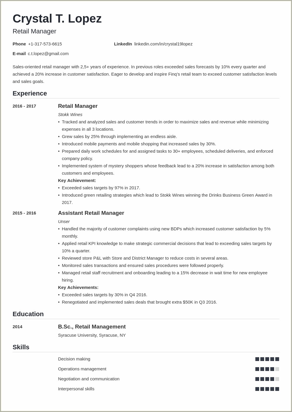 Examples Of Resumes For Store Manager Positions