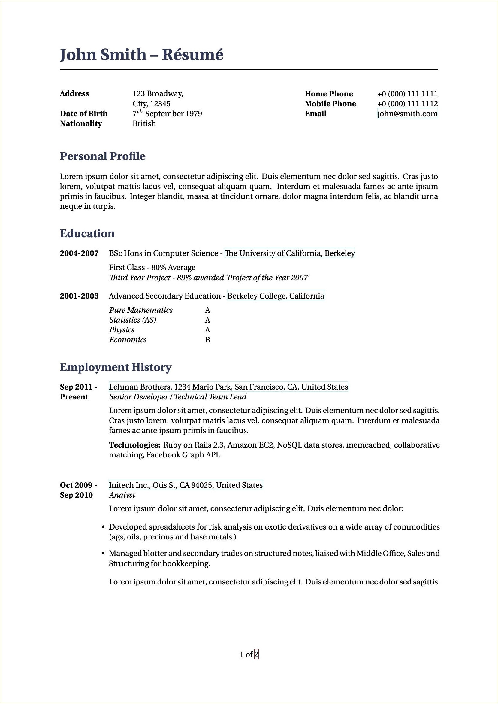 Examples Of Resumes In Maerican English