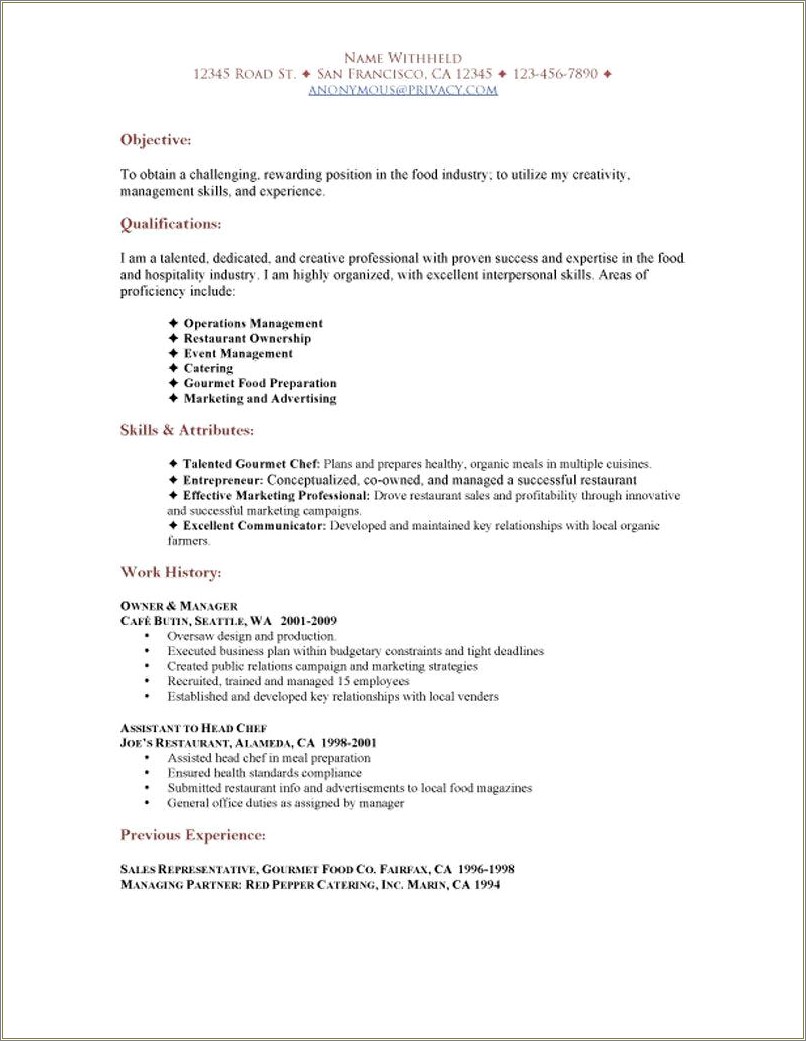 Examples Of Resumes In Resturant Industry