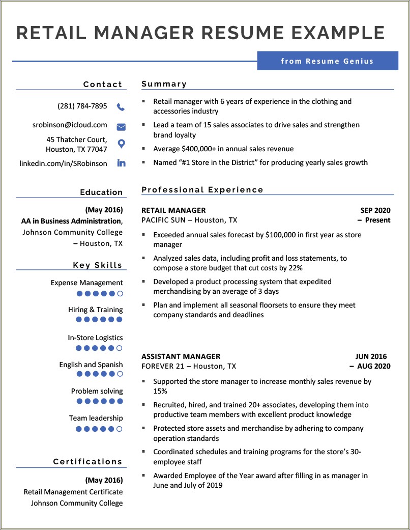 Examples Of Retail Sales Manager Resumes