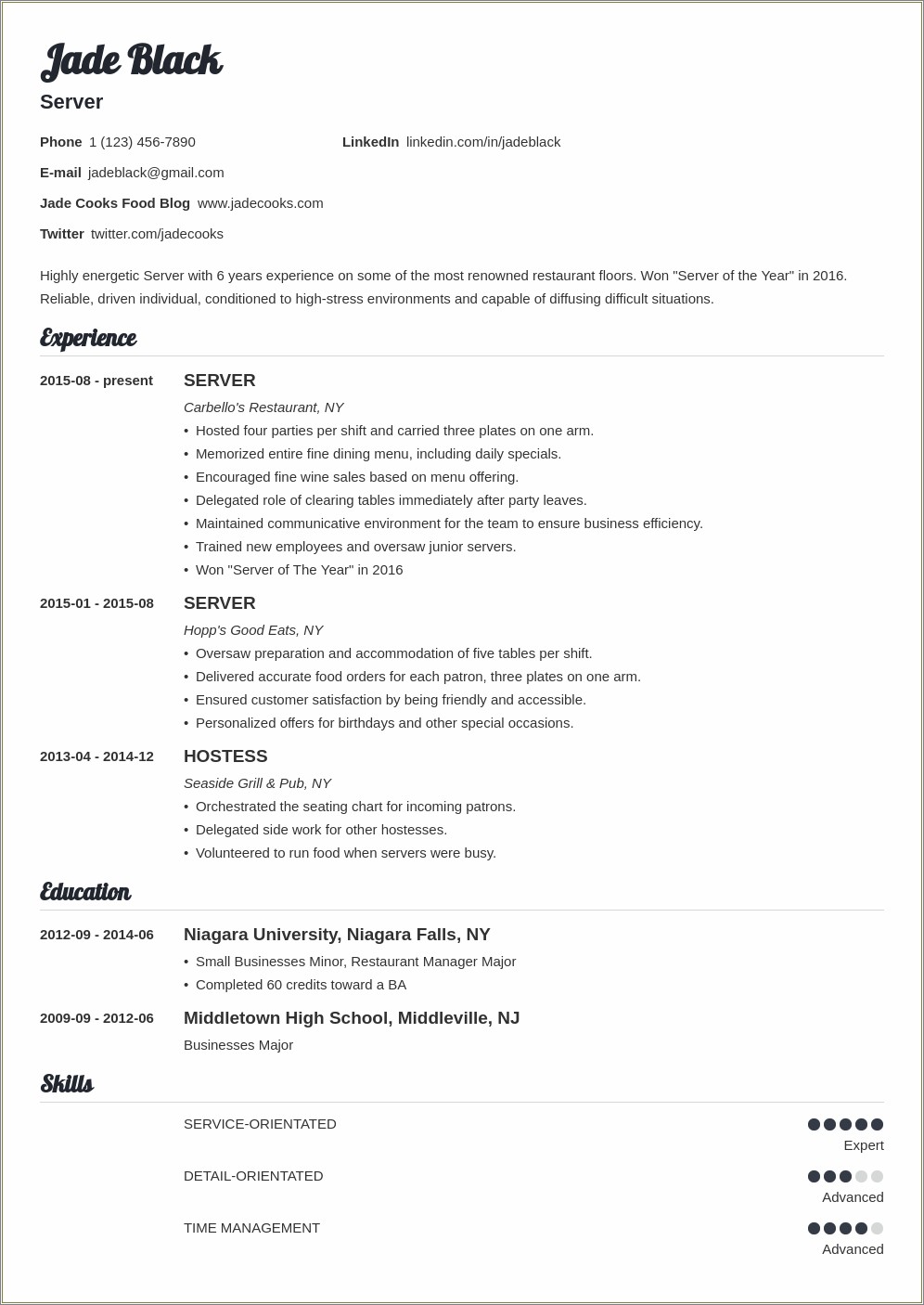 Examples Of Server Duties For Resume