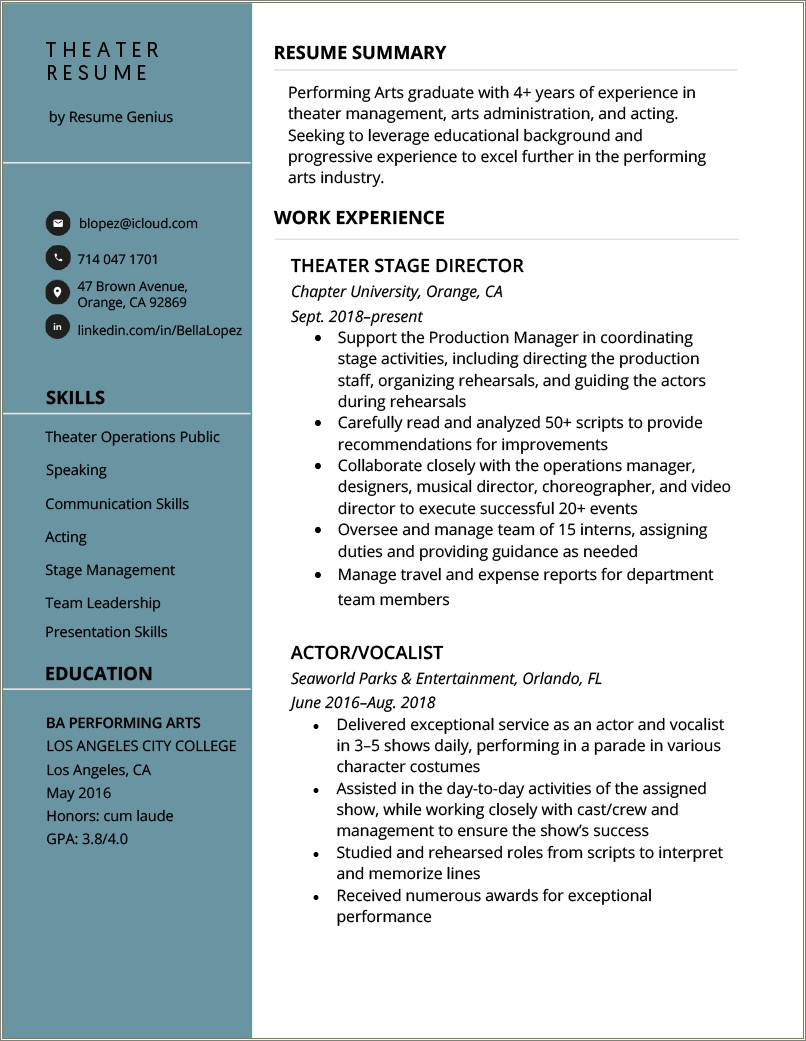 Examples Of Special Skills For Theatre Resume