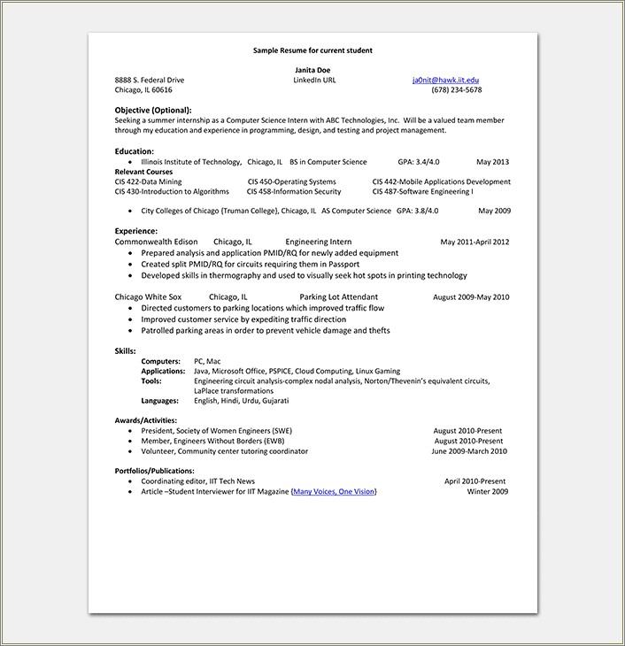 Examples Of Student Resumes For Internship