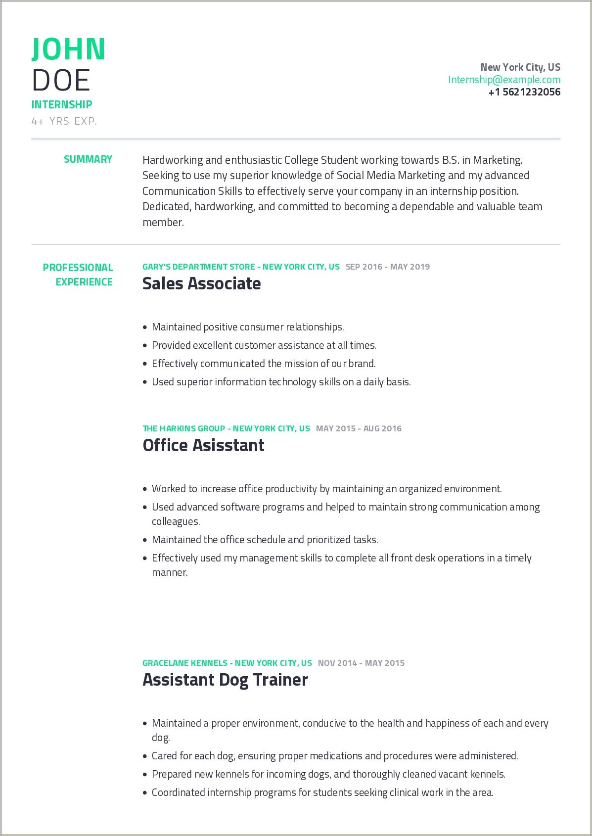 Examples Of Student Resumes For Internships