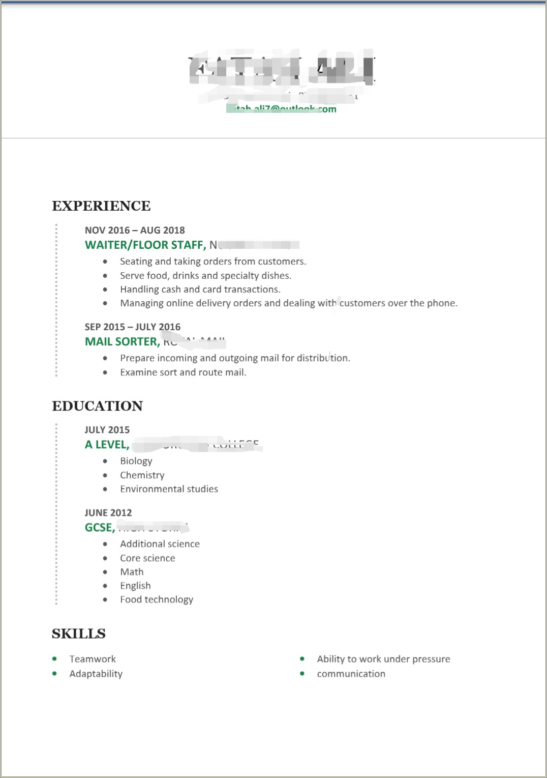 Examples Of Students First Time Resume
