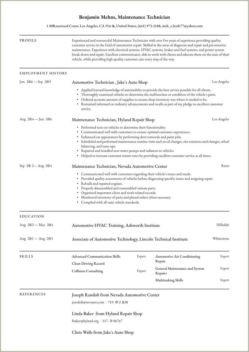 Examples Of Sumary For Maintenance On A Resume