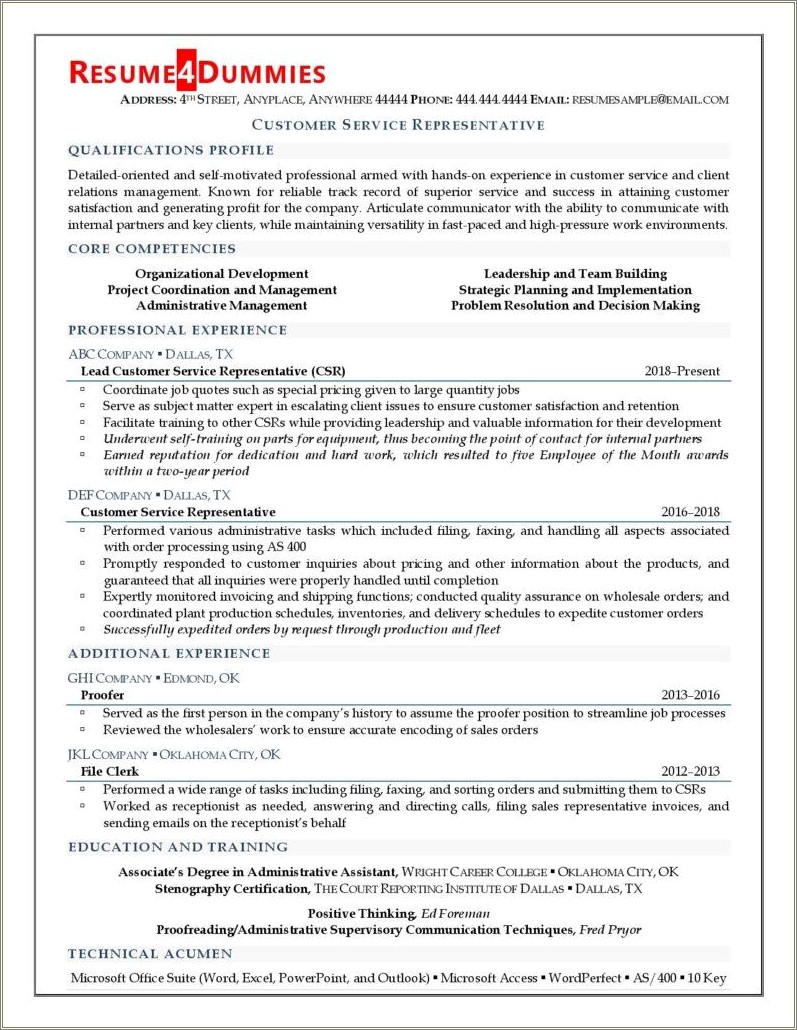 Examples Of Summary For Resume With Customer Service