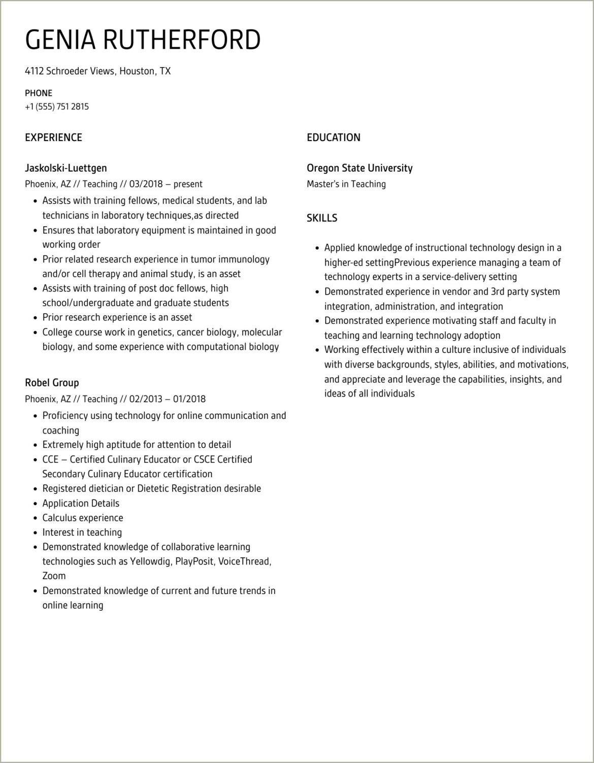 Examples Of Teaching Resumes In Oregon