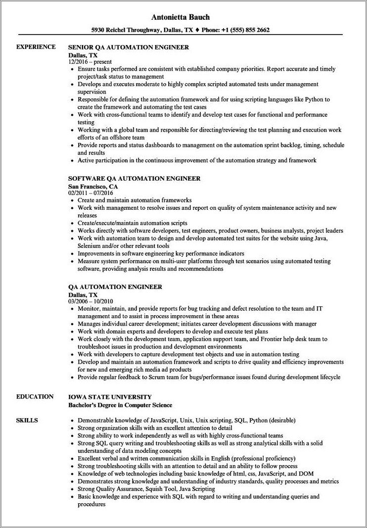 Examples Of The Qa Engineer Resume