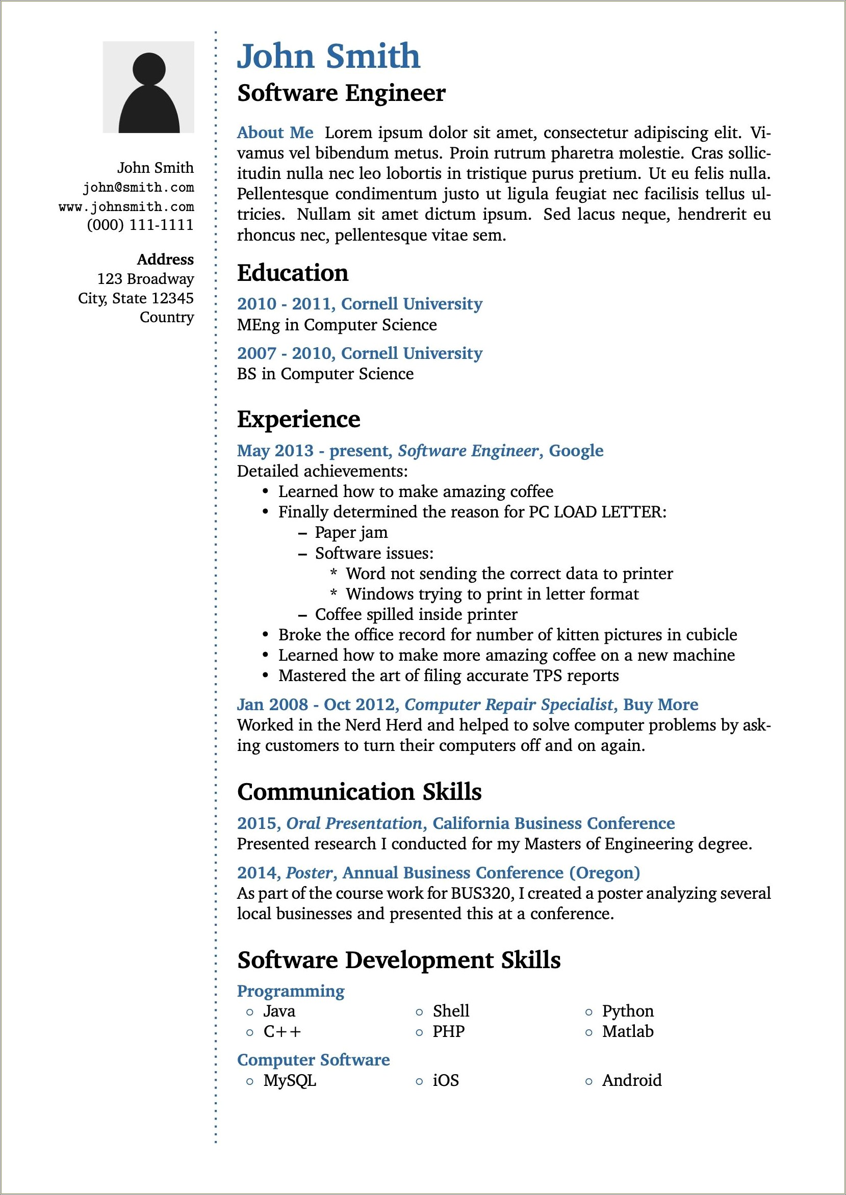 Examples Of Undergradudate Student Resumes Cs