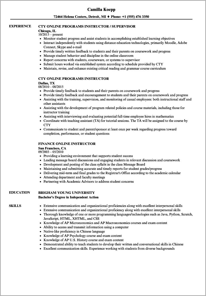 Examples Online Teaching Resume Templates Free