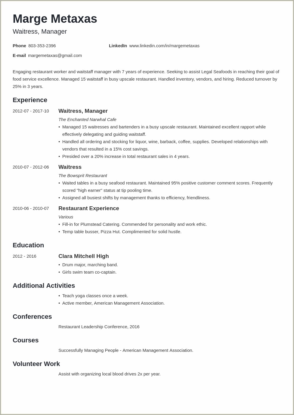 Examplkes Of Special Skills For Restaurant Resume