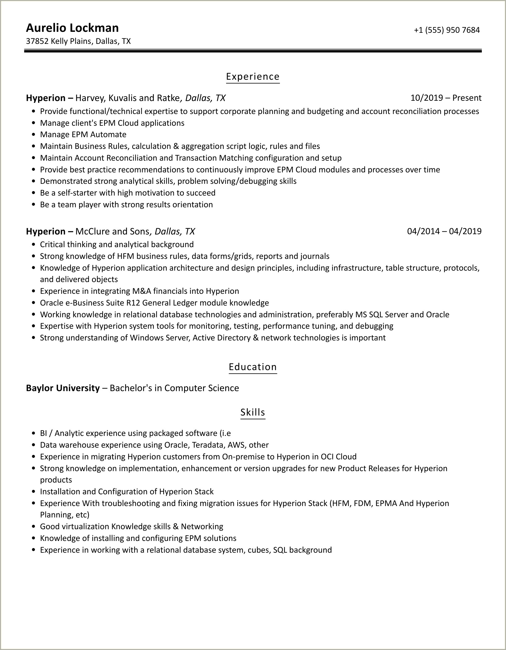 Excel Hyperion Costpoint Smartview Resume Skills