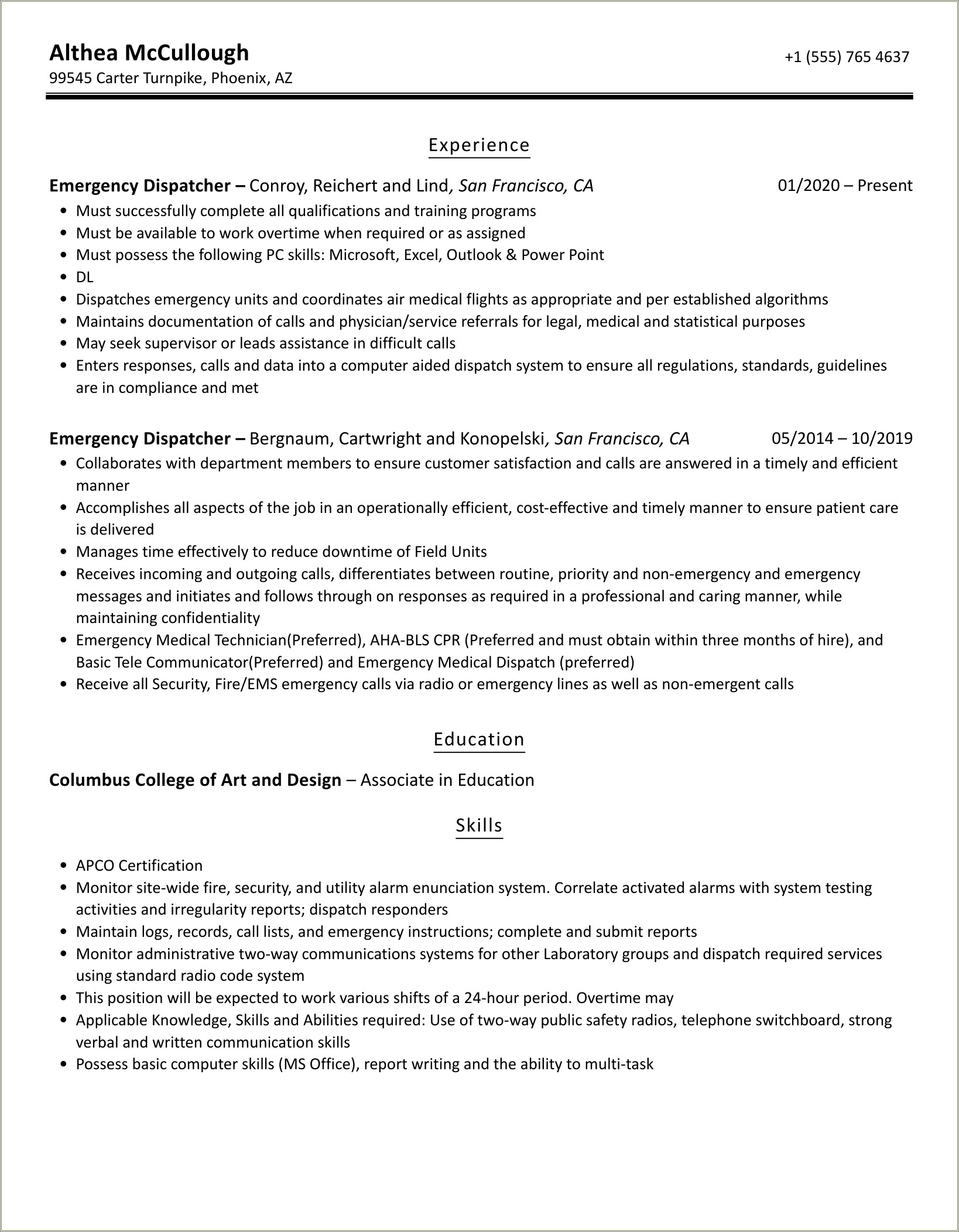 Exceptional Resume Objective Examples 911 Dispatcher
