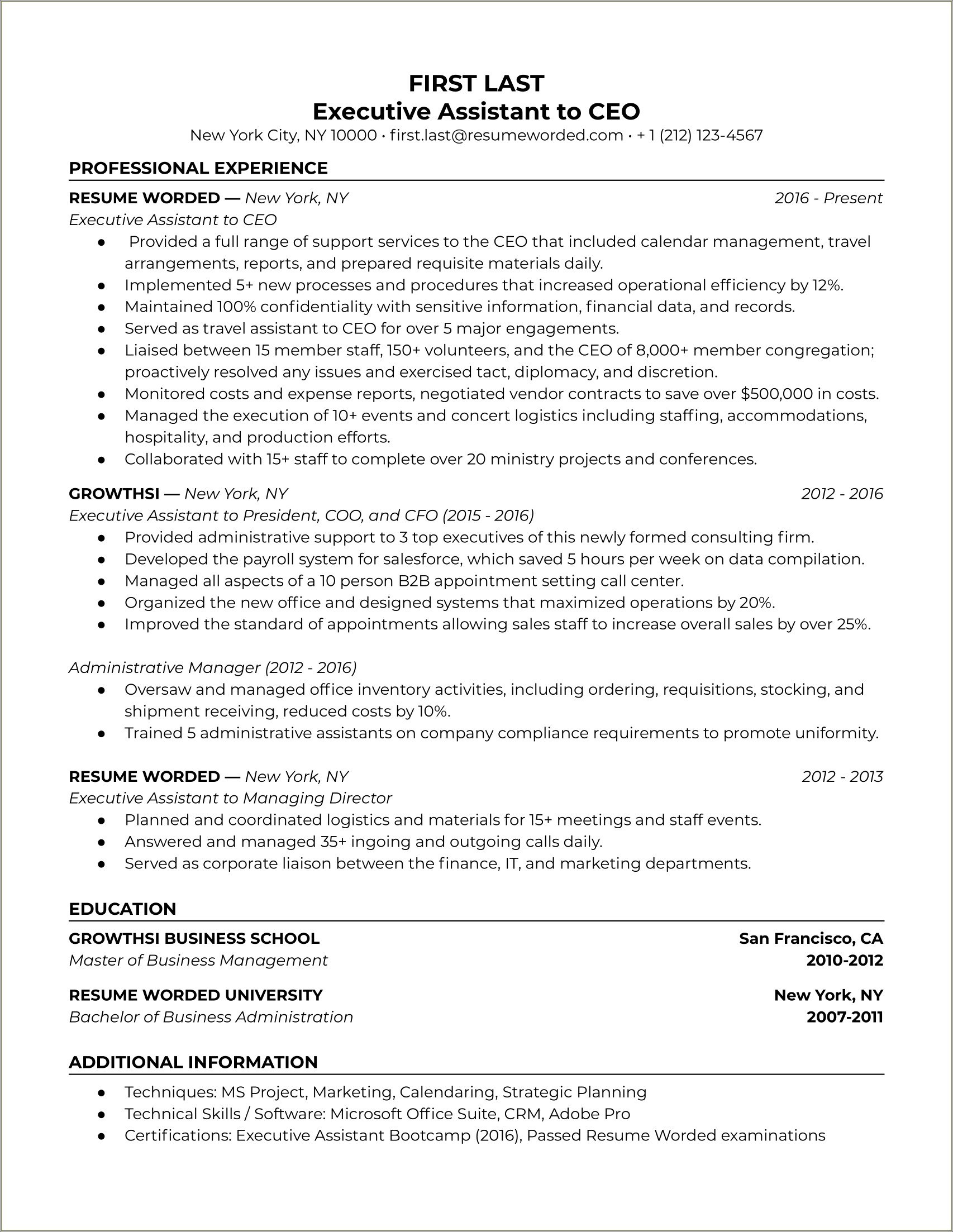 Executive Assistant Experience On A Resume