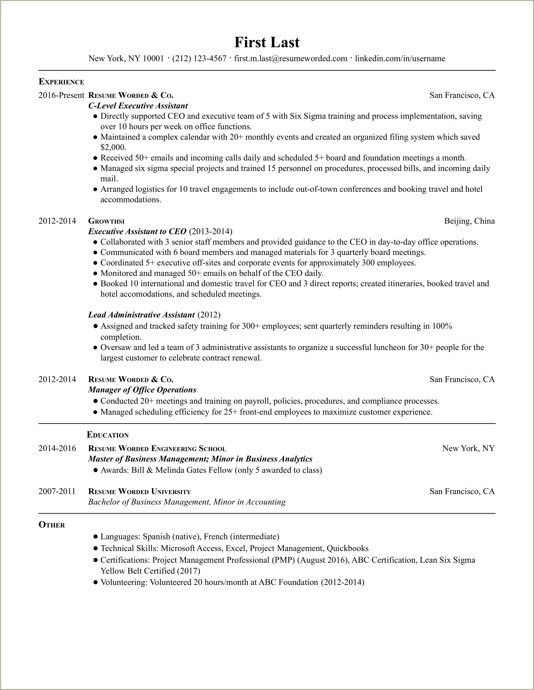 Executive Assistant Job Summary For Resume