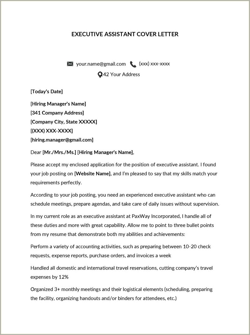 Executive Assistant Resume Cover Letter Sample