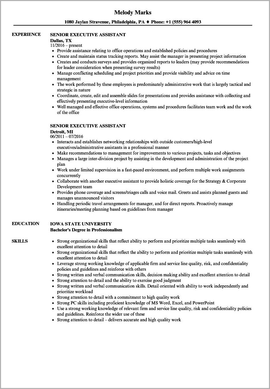 Executive Assistant Role Description For Resume