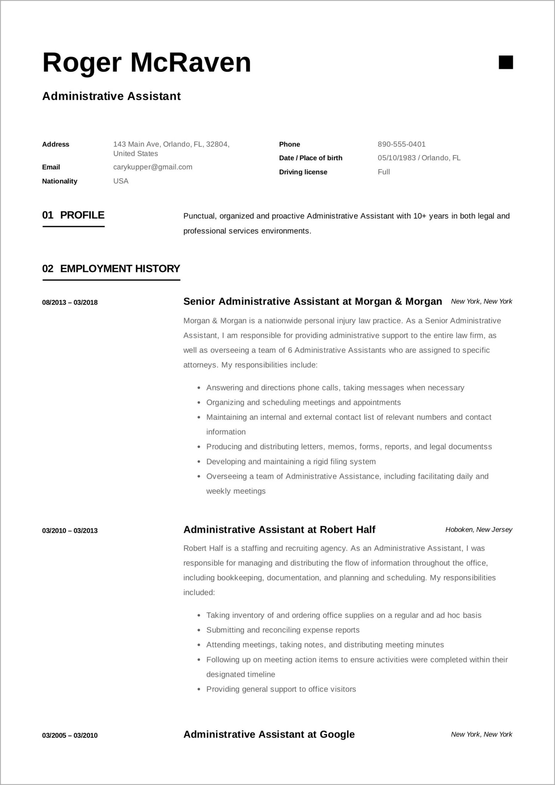 Executive Assistant Summary Section On Resume