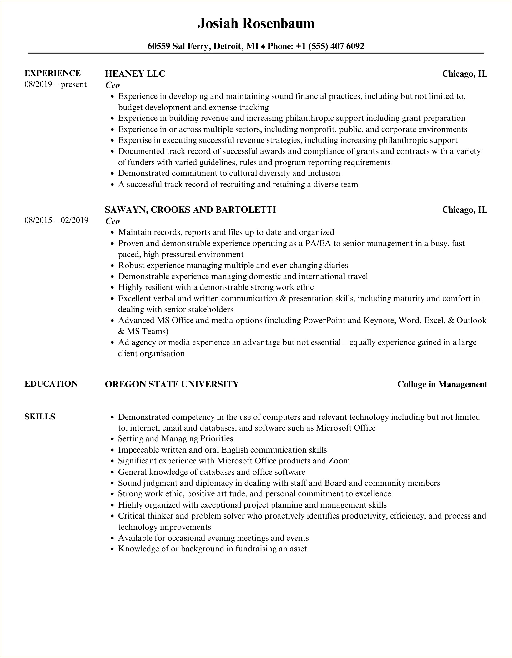 Executive Assistant To Ceo Resume Samples