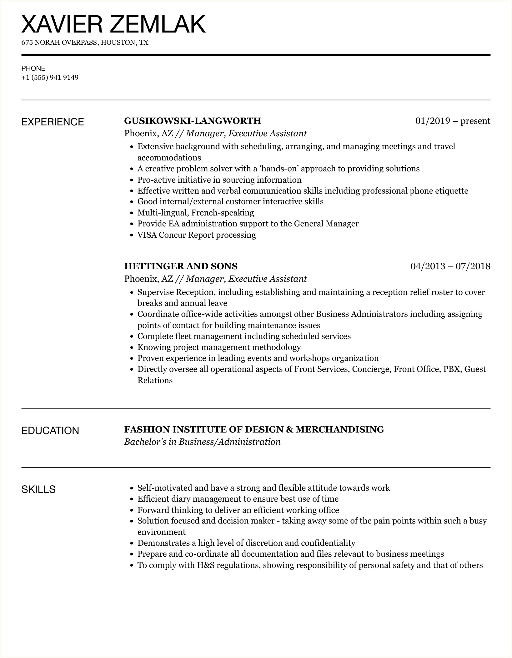 Executive Assistant To Managing Director Resume