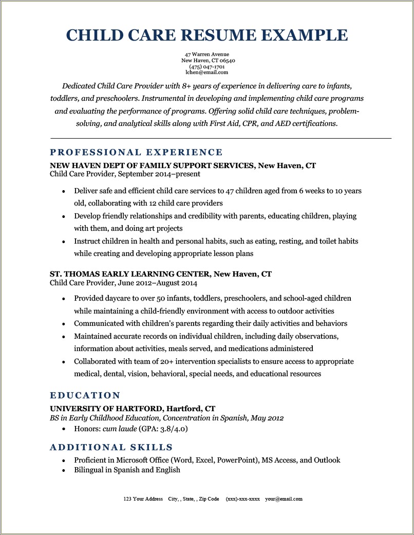 Executive Summary On Child Care Resume