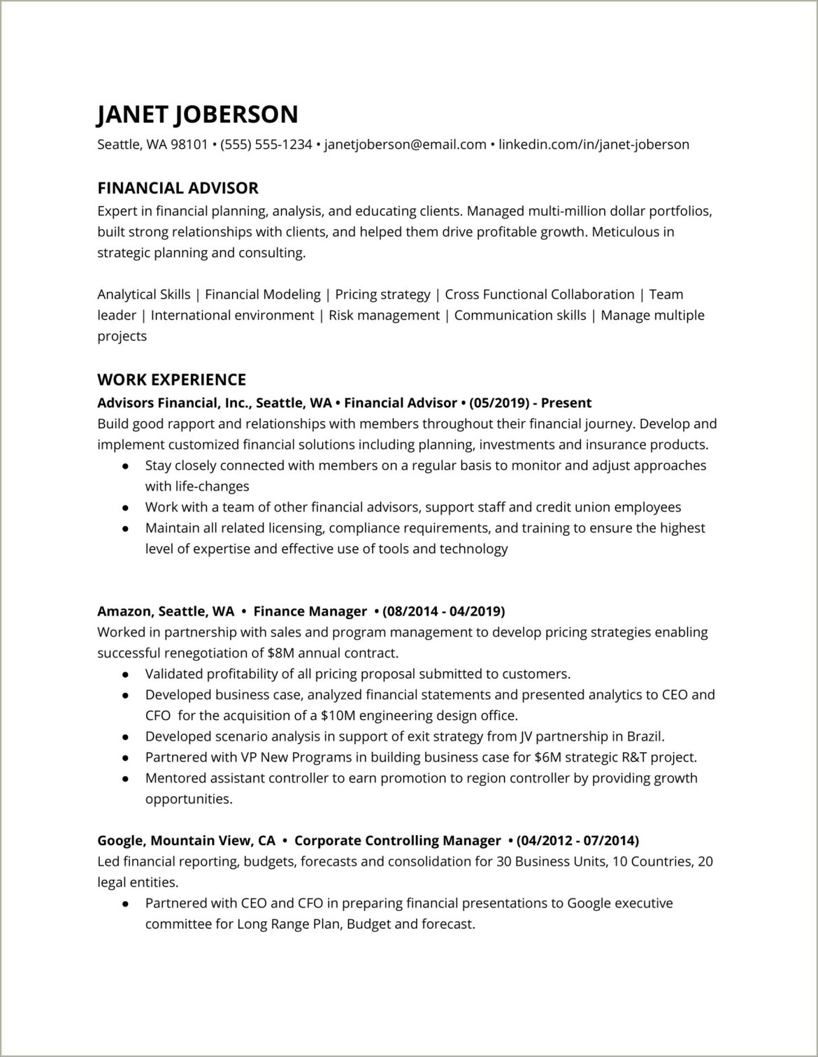 Executive Summary Resume Example Financial Analysis