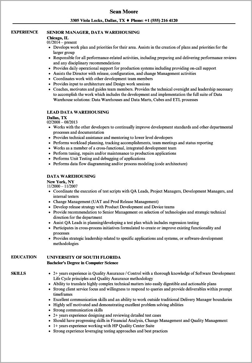 Experience And Accomplishment In Data Warehouse Resume