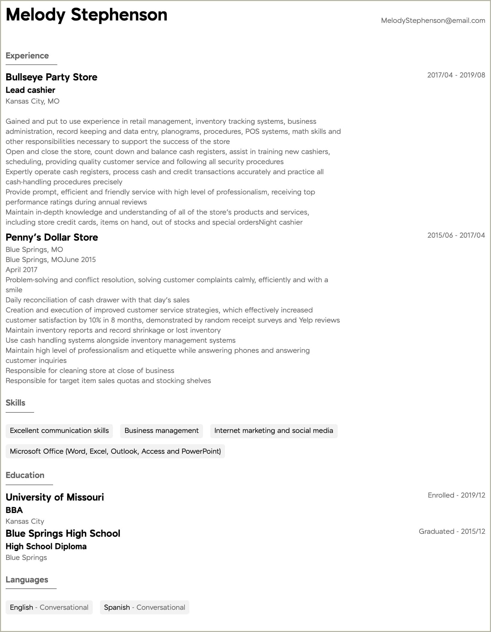 Experience As A Cashier On Resume