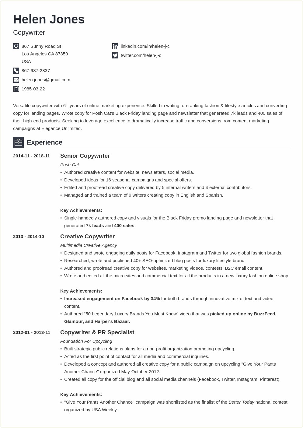 Experience As A Creative Writer Resume