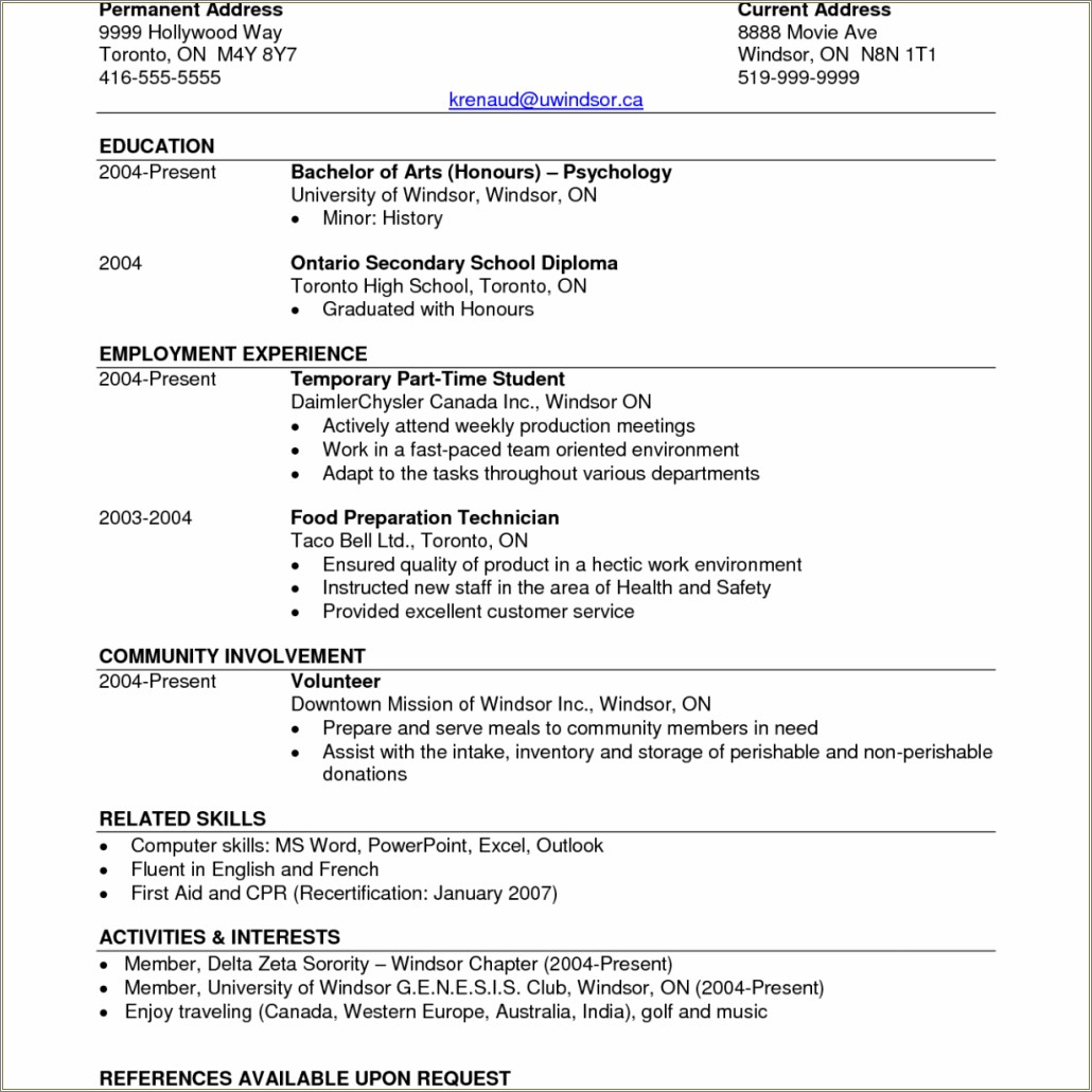 Experience Description Resume Two Bachelor Degrees