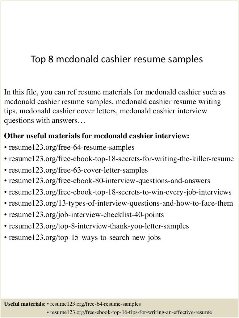 Experience For Mcdonalds Cashier To Put On Resume