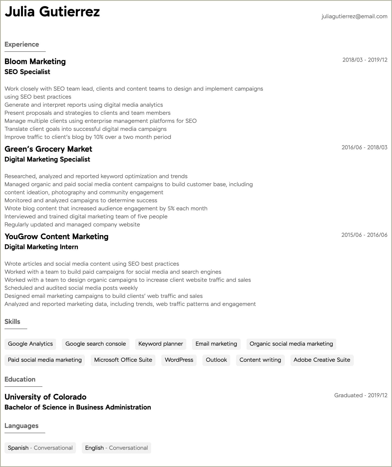 Experience In Marketing And Sales Resume