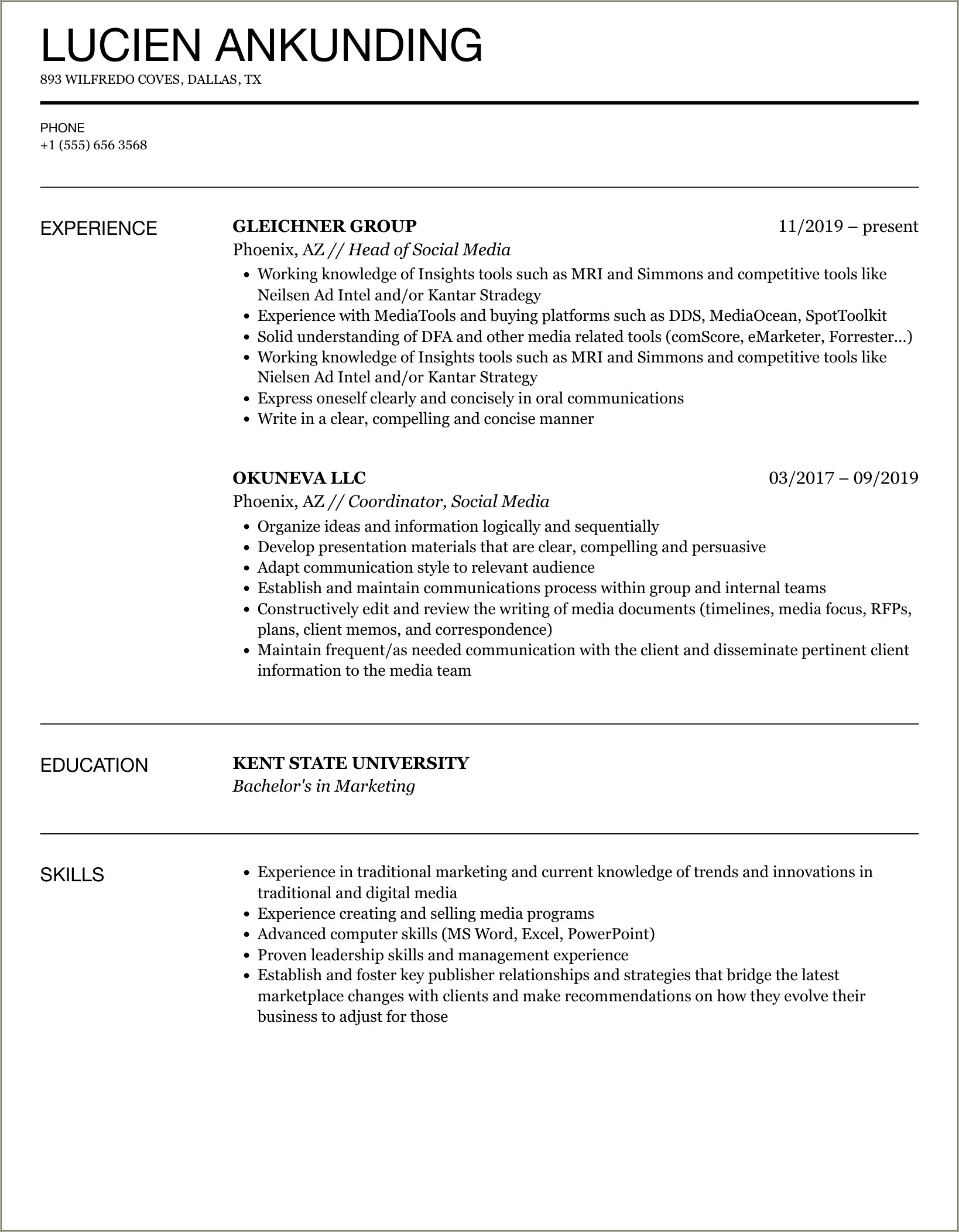 Experience In Social Media On Resume