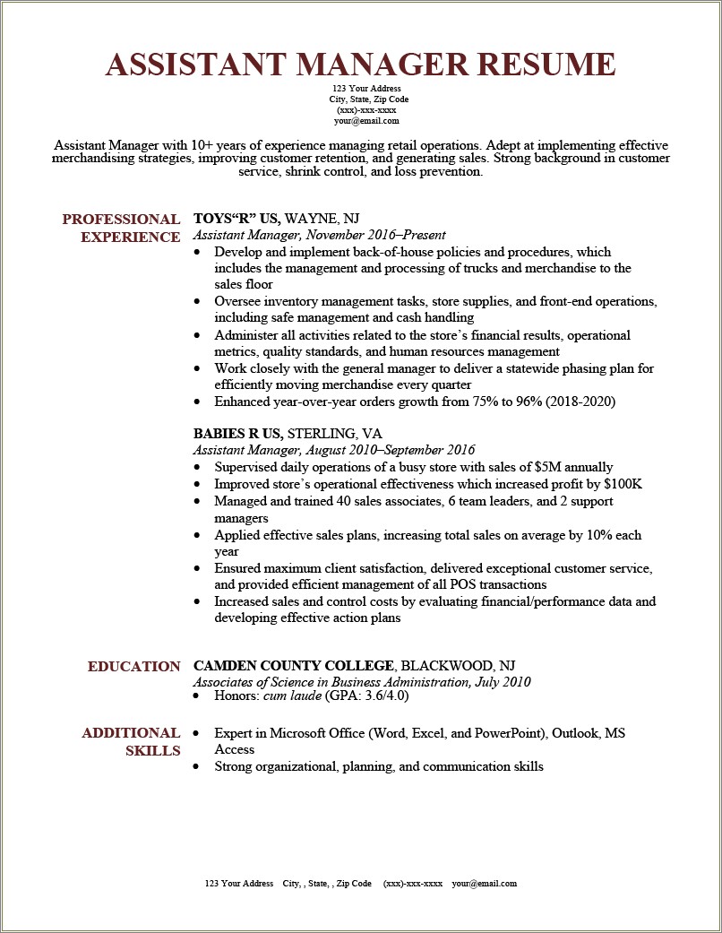 Experience Manager Job Description For Resume