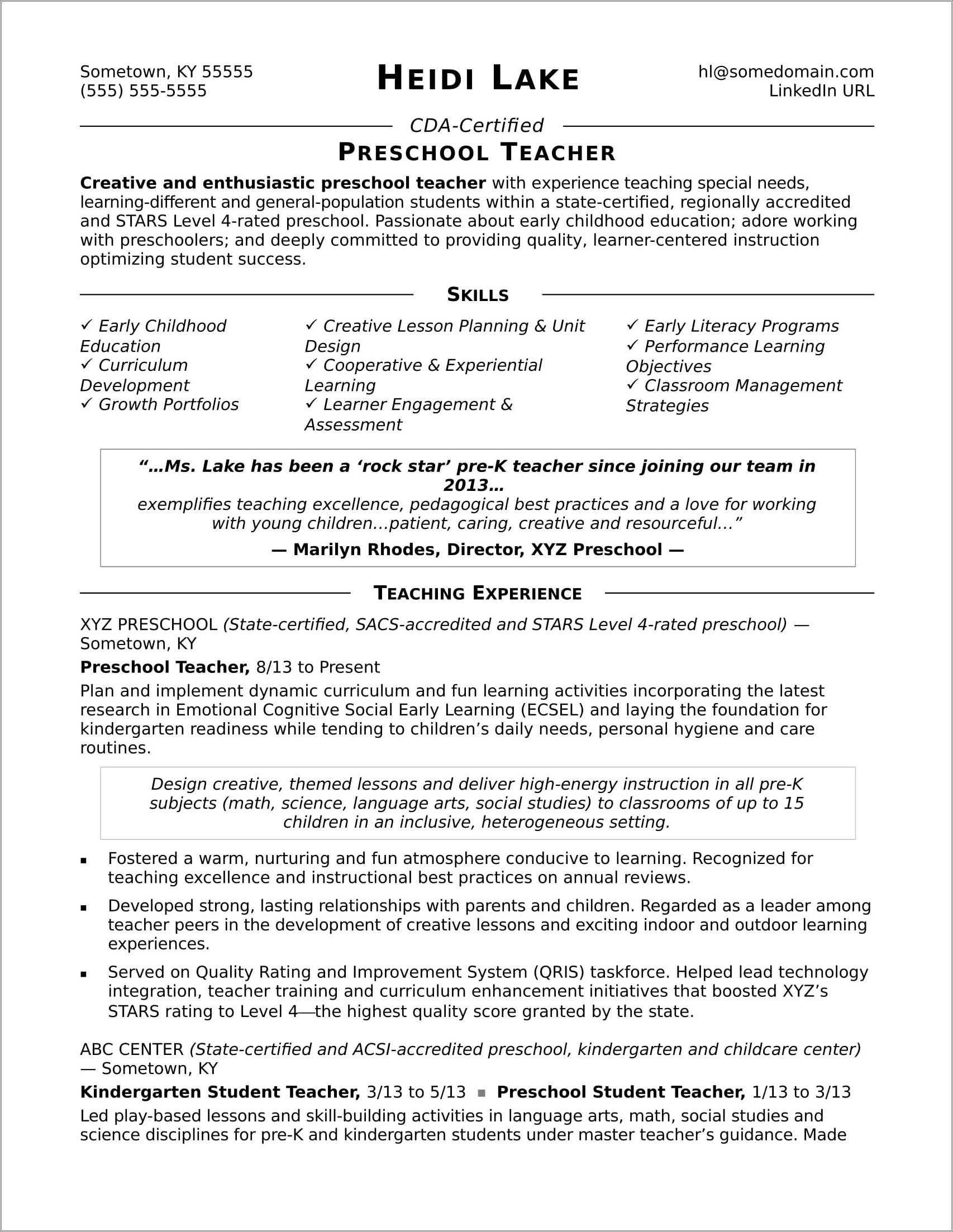 Experience Of A Teacher In Resume