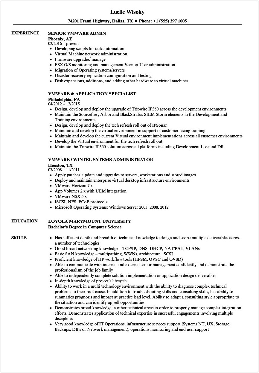Experience On Vmware And Cisco Resume