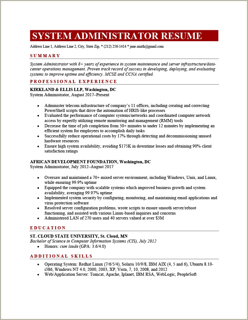 Experience Performing Computer Operating System Maintenance Resume