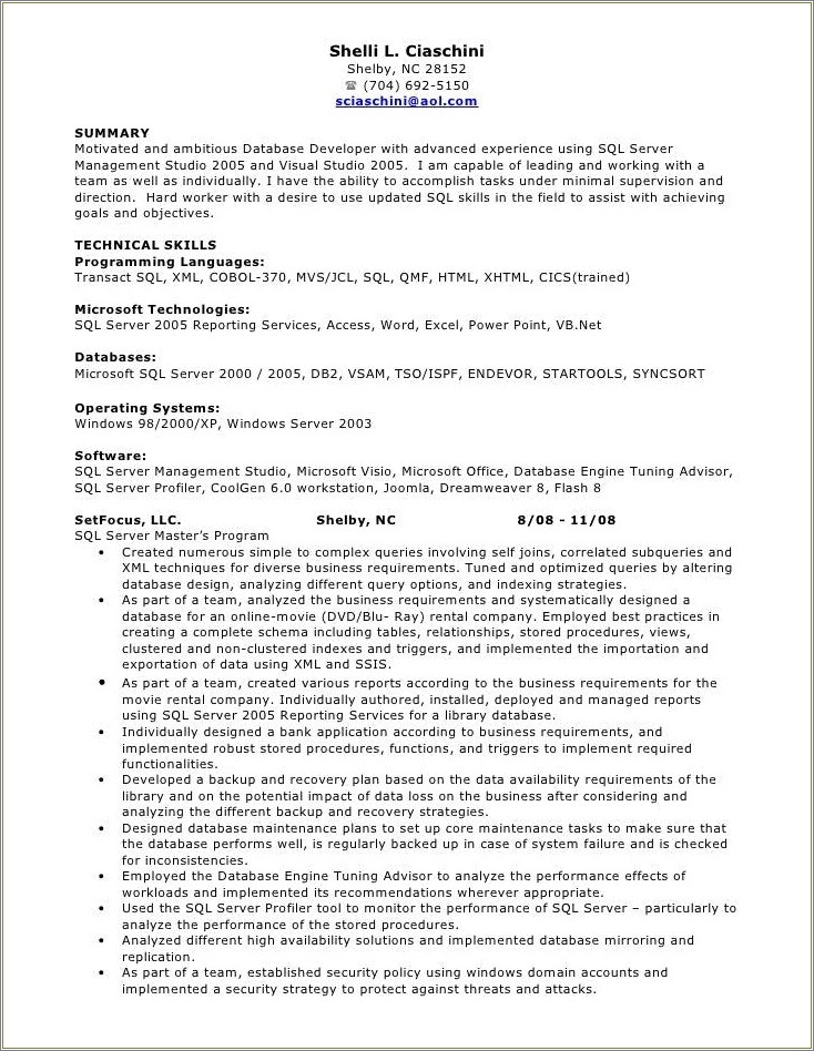 Experience Resume For Sql Server Developer