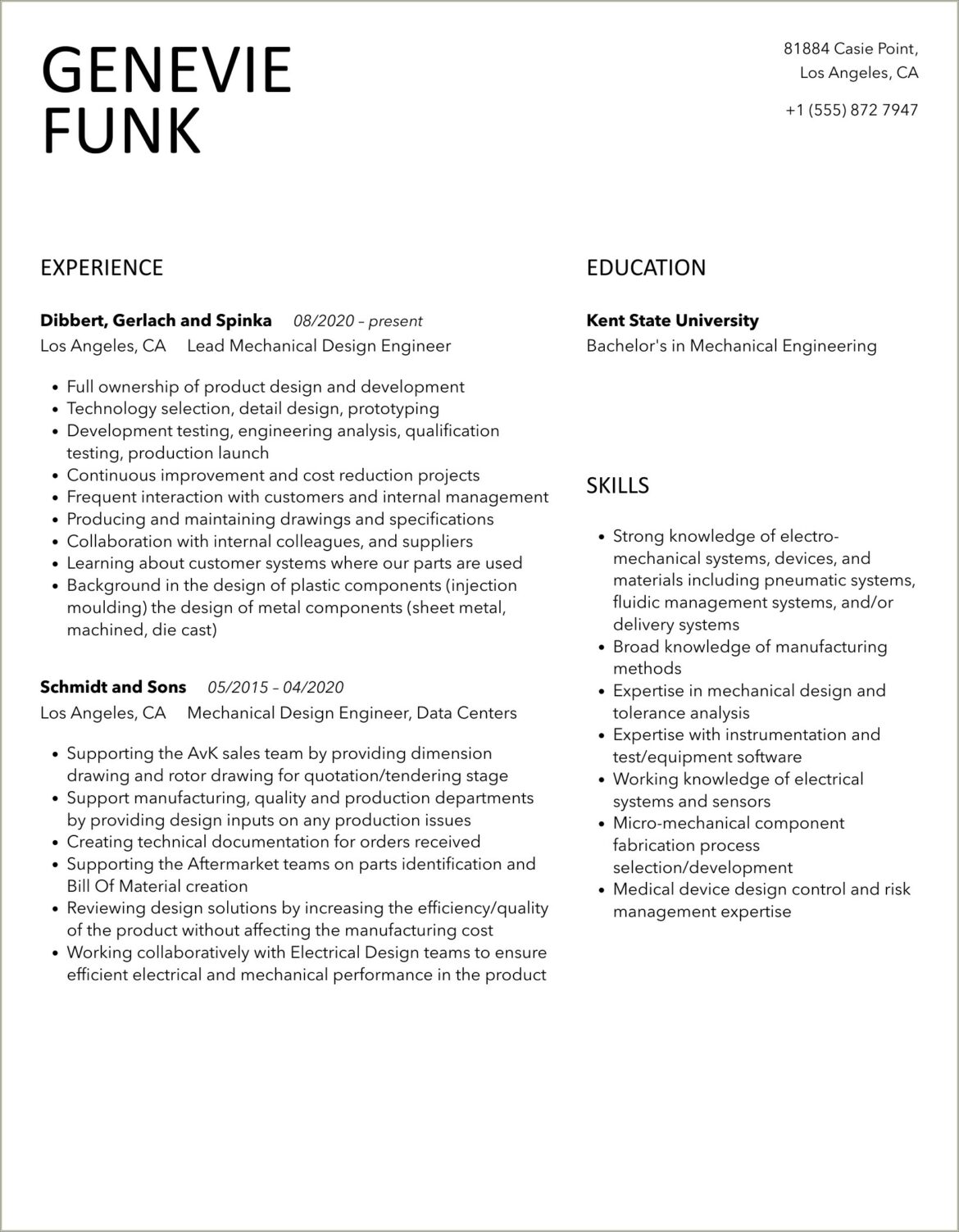 Experience Resume Format For Mechanical Design Engineer Pdf