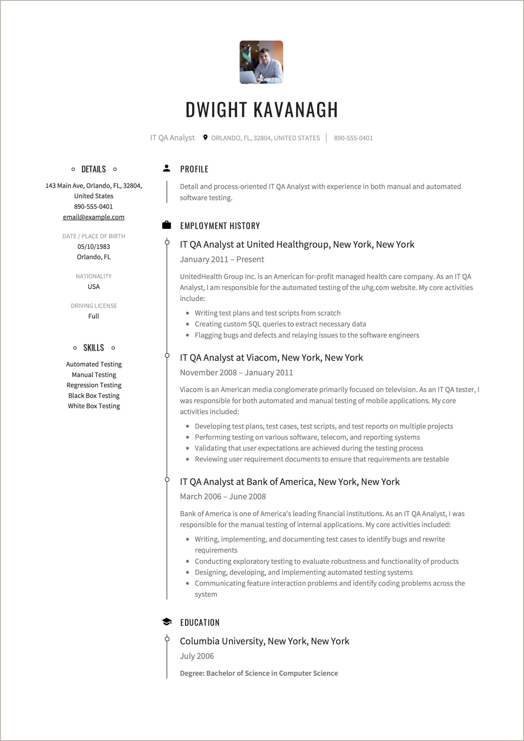 Experience Resume Format For Testing