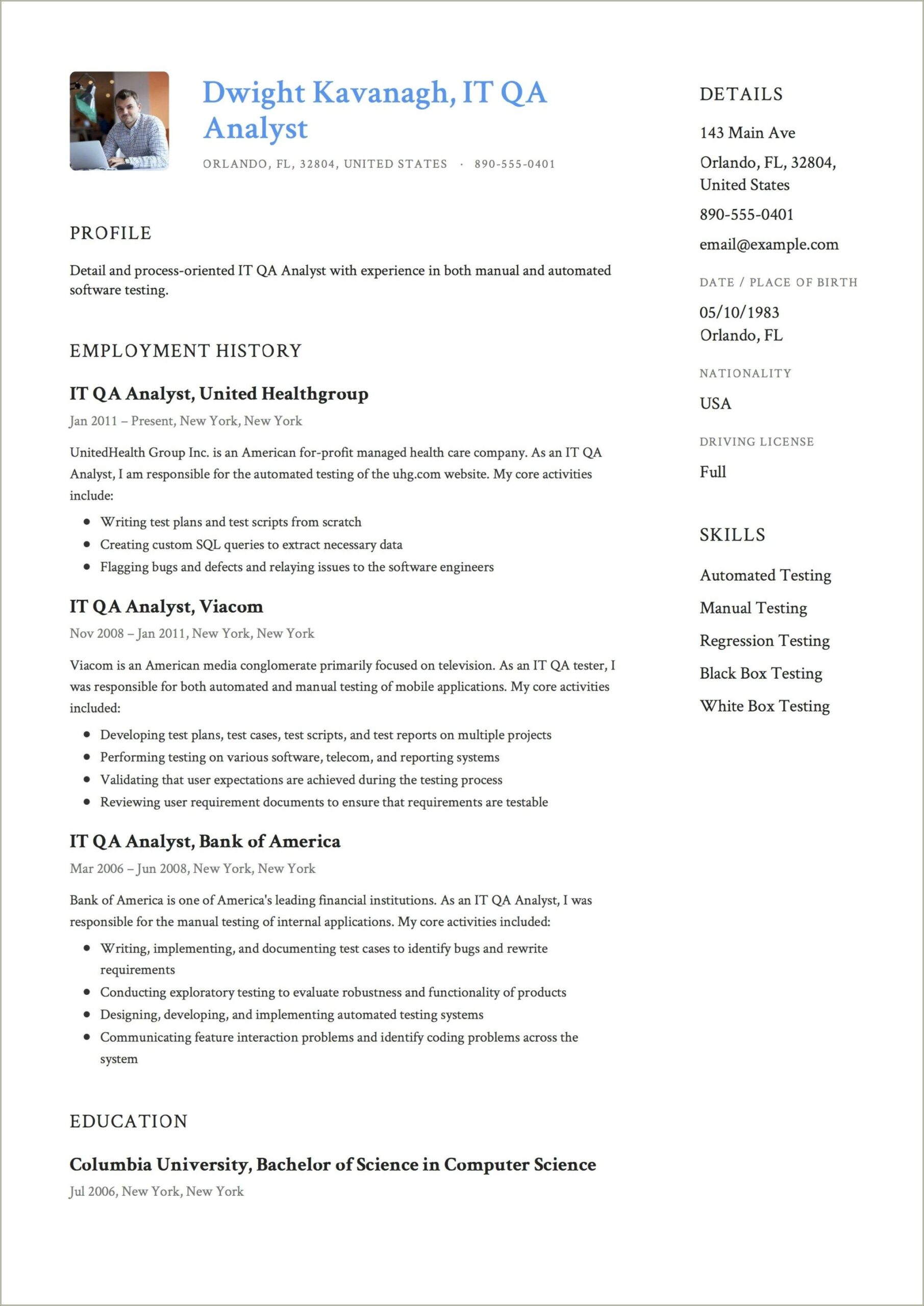 Experience Resume Format One Year Experience In Testing