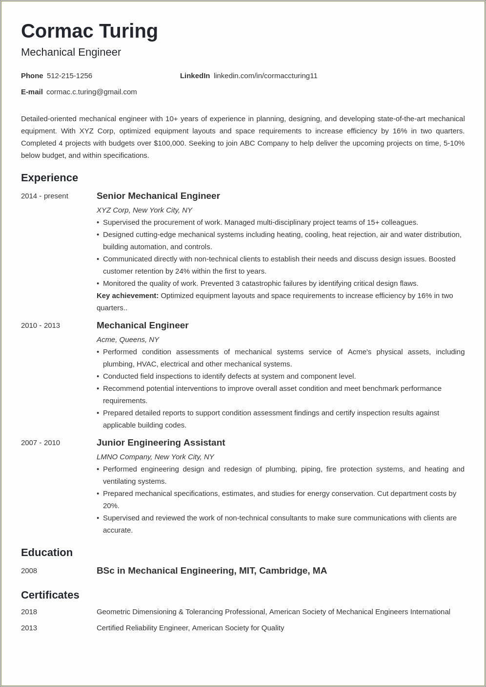 Experience Resume Samples For Engineer