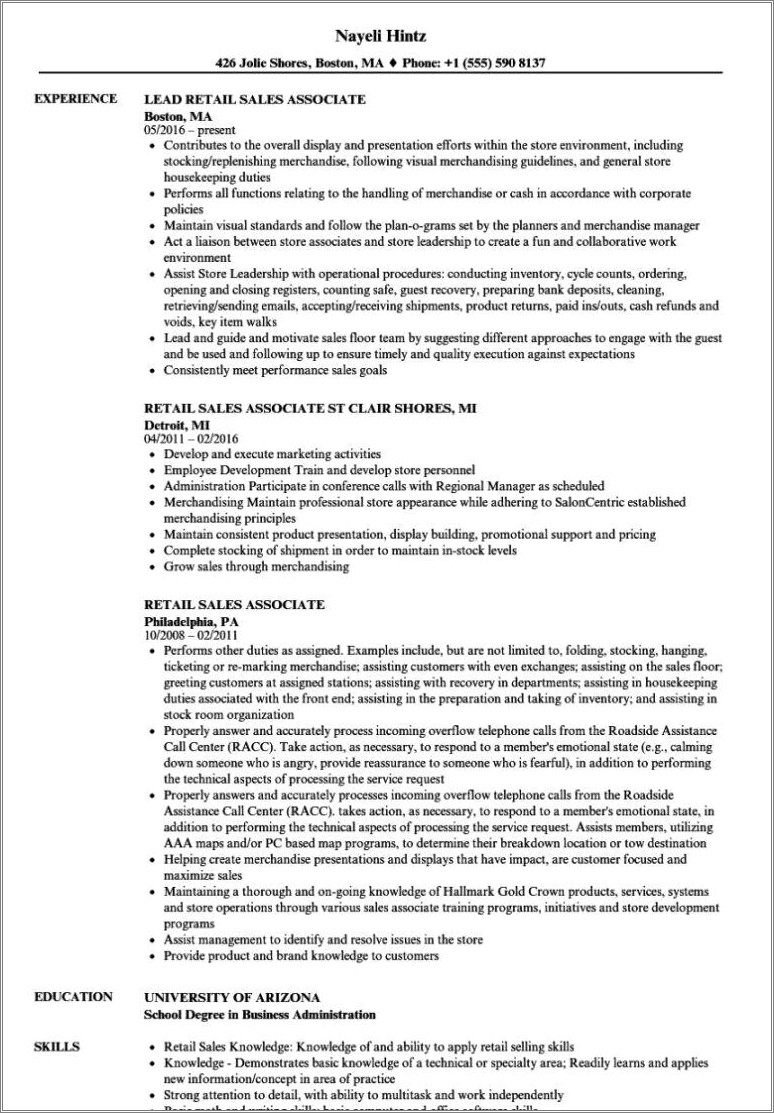 Experience Statement For Sales Clerk Resume