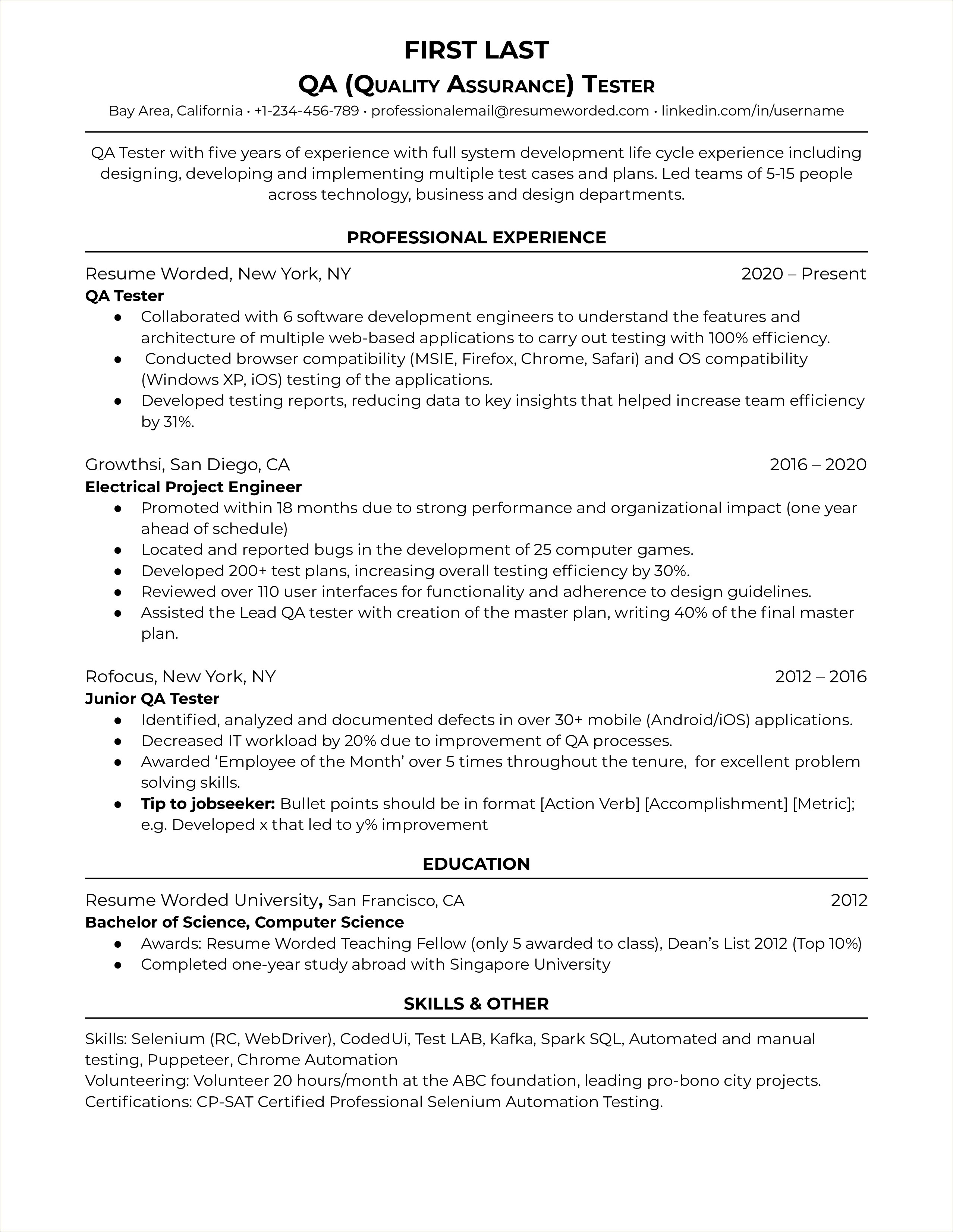 Experience Summary In Resume For Tester